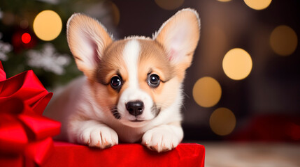 Corgi puppy among Christmas gifts on a festive background. Puppy as a gift. Dog and gift boxes with bows, New Year
