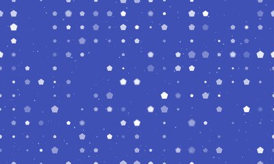Seamless background pattern of evenly spaced white pentagon symbols of different sizes and opacity. Vector illustration on indigo background with stars