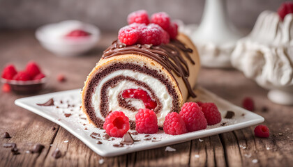 Swiss roll stuffed with chocolate and raspberries in the white plate.