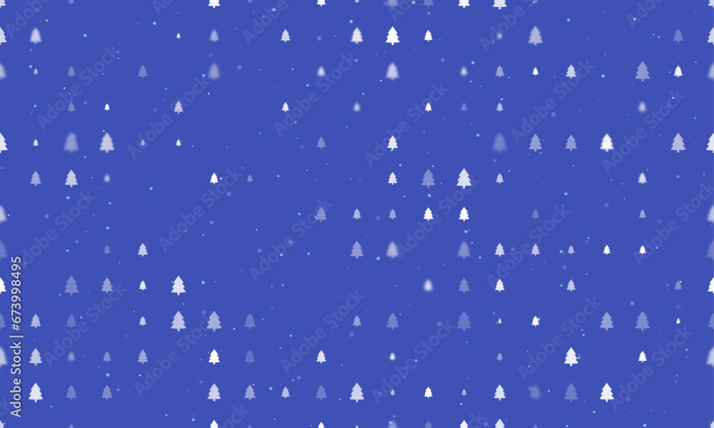 Poster seamless background pattern of evenly spaced white fir-tree symbols of different sizes and opacity. 