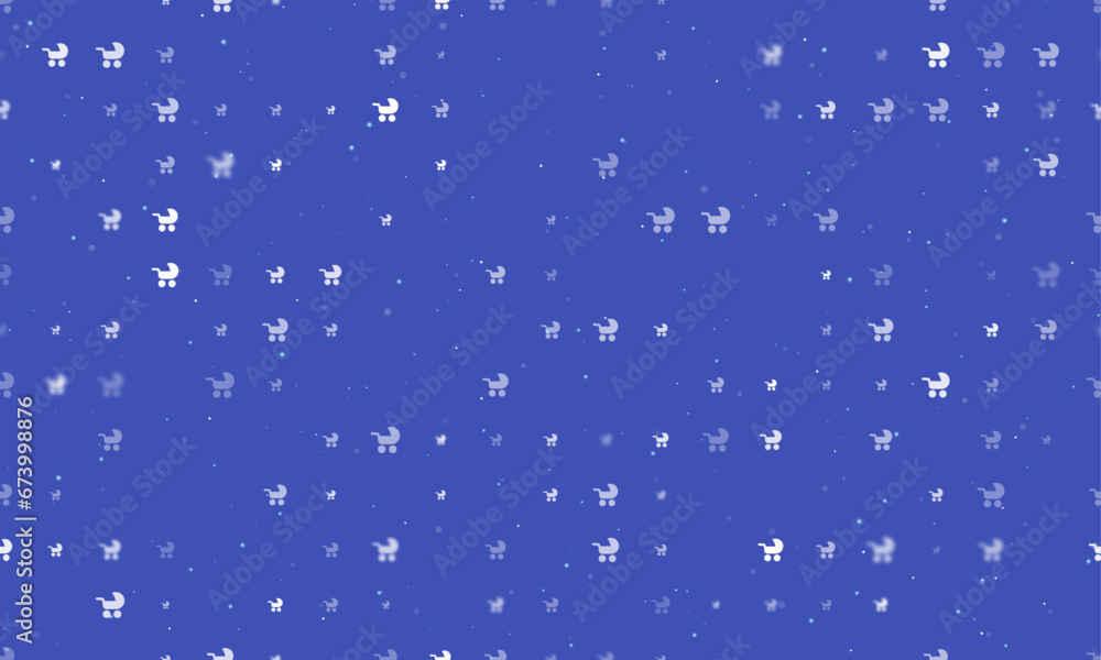 Poster seamless background pattern of evenly spaced white baby carriage symbols of different sizes and opac