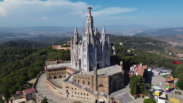 drone video Temple of the Sacred Heart of Jesus Tibidabo Barcelona Spain Europe