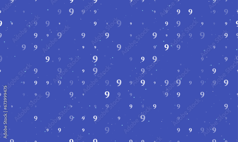 Poster seamless background pattern of evenly spaced white number nine symbols of different sizes and opacit