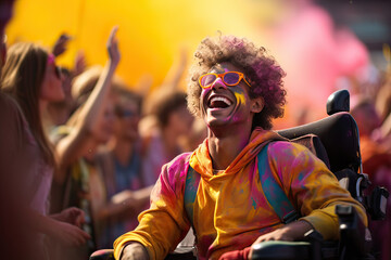 Cheerful young tourist man sitting in a wheelchair at Holi Celebration. Generative AI. - Powered by Adobe