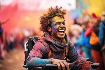 Cheerful young tourist man sitting in a wheelchair at Holi Celebration. Generative AI.