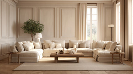a warm and inviting family room with beige walls and a hardwood floor and two large windows draped in light ivory curtains