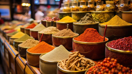 Colorful spices and dyes found at asian or african market - obrazy, fototapety, plakaty