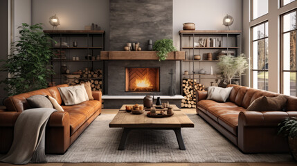 a warm and inviting family room with a brown leather sofa and a large area rug and a fireplace with a wood mantel - obrazy, fototapety, plakaty