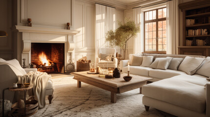 a warm and inviting living room with cream walls and a plush carpet and a large brick fireplace
