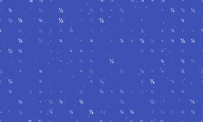 Seamless background pattern of evenly spaced white half fraction symbols of different sizes and opacity. Vector illustration on indigo background with stars