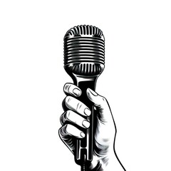 Black and white logo of a hand clutching a vintage style microphone. AI generative - obrazy, fototapety, plakaty