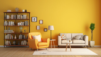 a warm and inviting room with yellow walls and hardwood floors A comfortable brown couch faces a white coffee table and two white armchairs are placed nearby A tall floor lamp stands in the corner