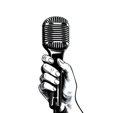 recommend clip art: Black and white logo of a hand clutching a vintage style microphone. AI generative