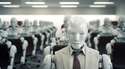 A lot of humanoid robots wearing suits are ready to work for an office job, and the artificial intelligence concept
