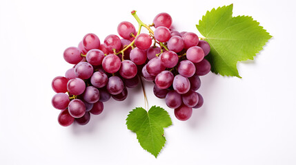 Fototapeta premium Isolated, top-view of halved red grape fruit with verdant foliage on a white backdrop.