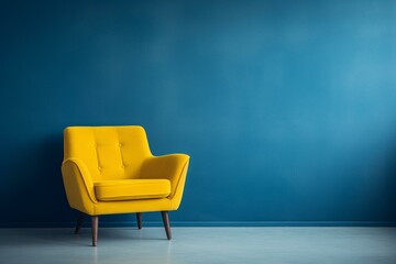 A vacant space with a blue armchair and a yellow pillow against a blue wall background with available space. Generative AI