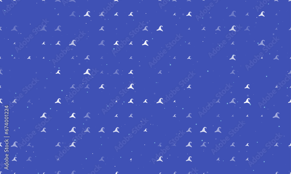 Poster seamless background pattern of evenly spaced white wizard hat symbols of different sizes and opacity