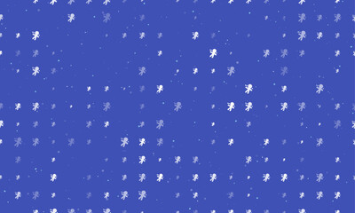 Seamless background pattern of evenly spaced white Voodoo Doll symbols of different sizes and opacity. Vector illustration on indigo background with stars