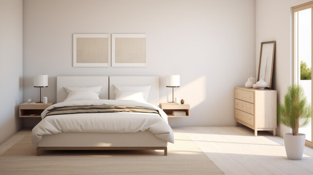 a warm bedroom with a queen-size bed and a white dresser and a white nightstand The walls are painted a light beige