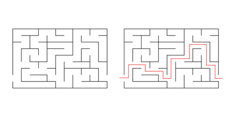 Labyrinth maze game vector illustration with solution. Find right way, simple logic game. Puzzle for kids.	