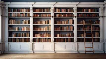 a warm room with a brown carpet and white walls and a large bookcase filled with books