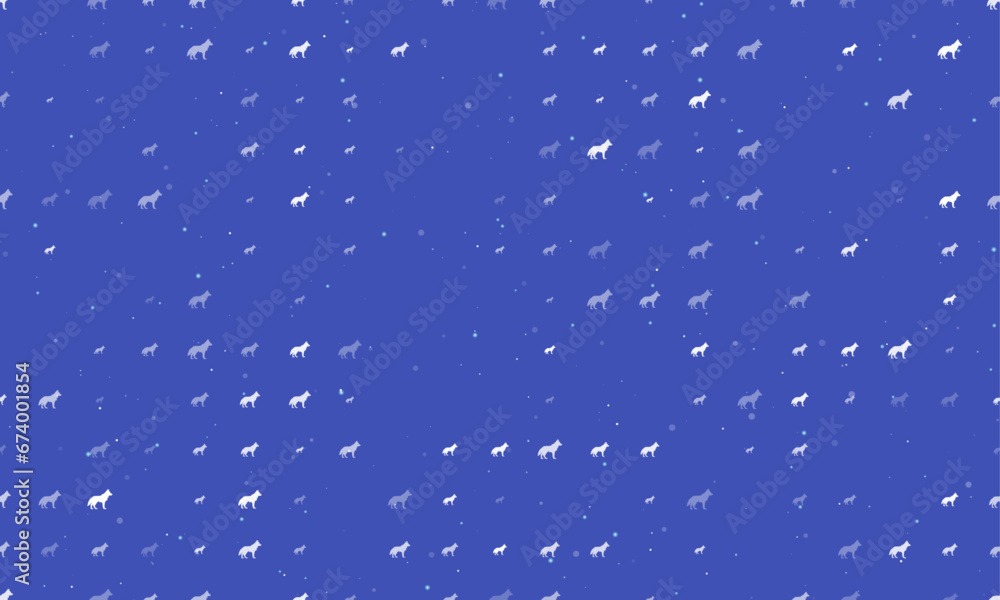 Poster seamless background pattern of evenly spaced white wolf symbols of different sizes and opacity. vect