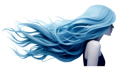 Woman profile with long blue curly hair, isolated white background