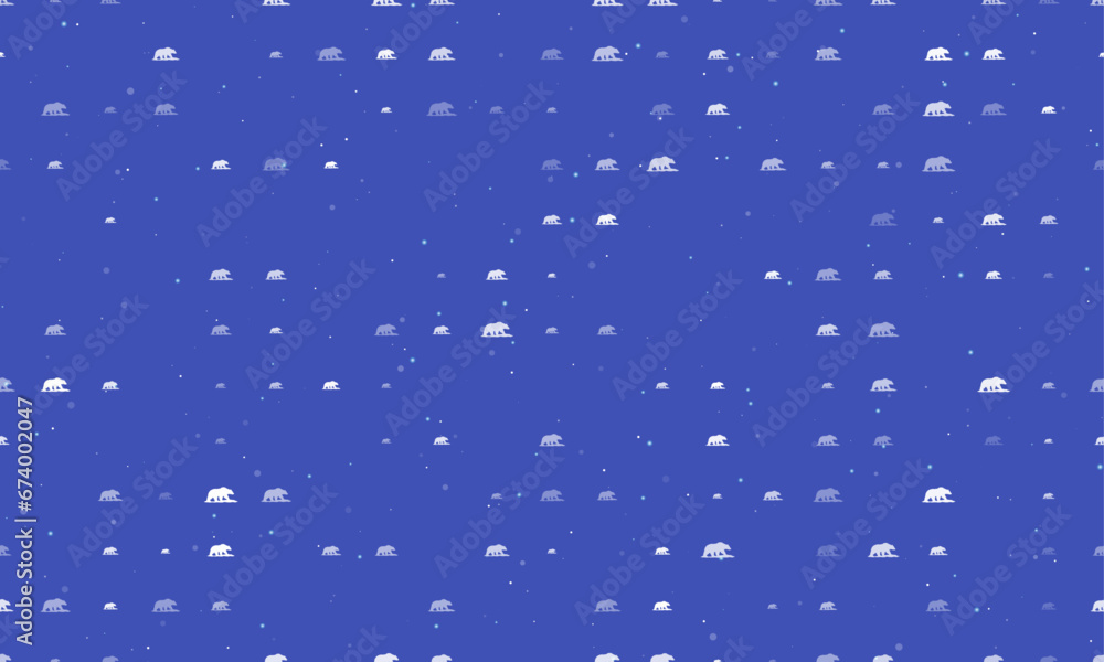 Poster seamless background pattern of evenly spaced white wild bear symbols of different sizes and opacity.