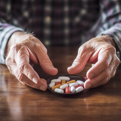 Old man hands taking pills close-up. AI generated picture.