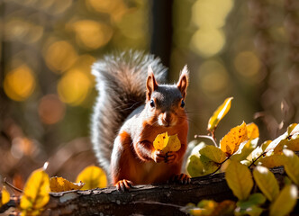 Red squirrel in the autumn park. Squirrel close up