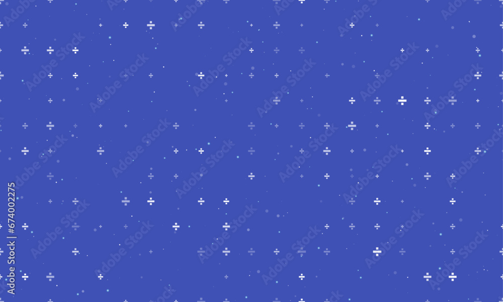 Poster seamless background pattern of evenly spaced white division symbols of different sizes and opacity. 