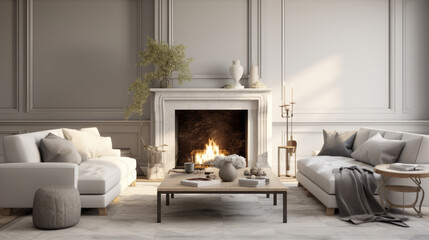 a white and grey themed living room with a white sofa and armchair and ottoman and a grey wall with a white fireplace