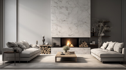 a white and grey themed living room with a white sofa and armchair and ottoman and a grey wall with a white fireplace