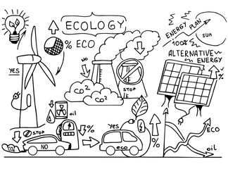 Alternative energy. Ecological lifestyle, sustainable developments icons. Waste less concept illustration. Hand drawn doodle sketch vector illustration isolated on white background. Children's drawing