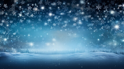 Flocos de neve e estrelas descendo no fundo - obrazy, fototapety, plakaty
