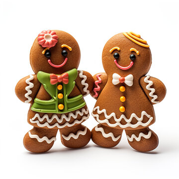 gingerbread man and woman couple christmas decoration cookie icing on white background