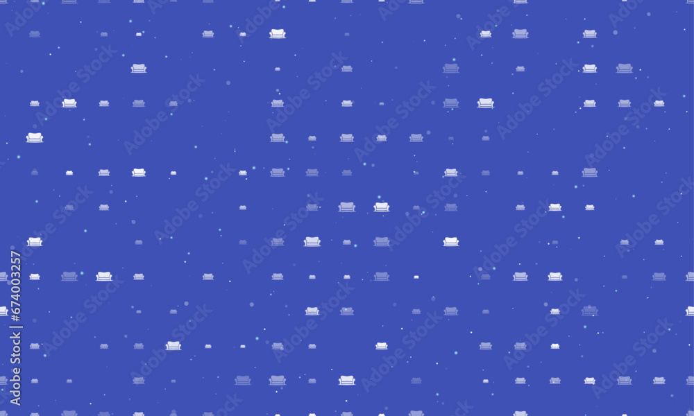Poster seamless background pattern of evenly spaced white sofa symbols of different sizes and opacity. vect