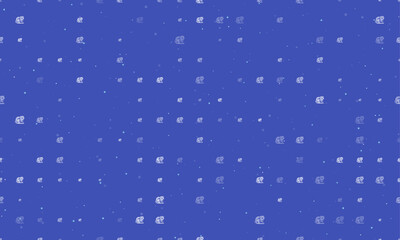 Seamless background pattern of evenly spaced white tiger symbols of different sizes and opacity. Vector illustration on indigo background with stars