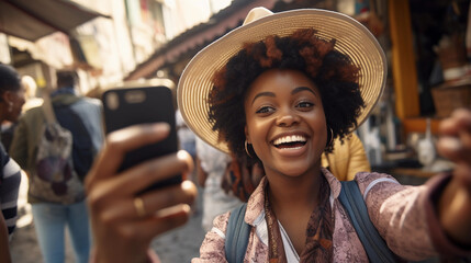 Happy beautiful african american ethnicity woman tourist with hat taking selfie in old town in Europe Italy, Rome. - obrazy, fototapety, plakaty
