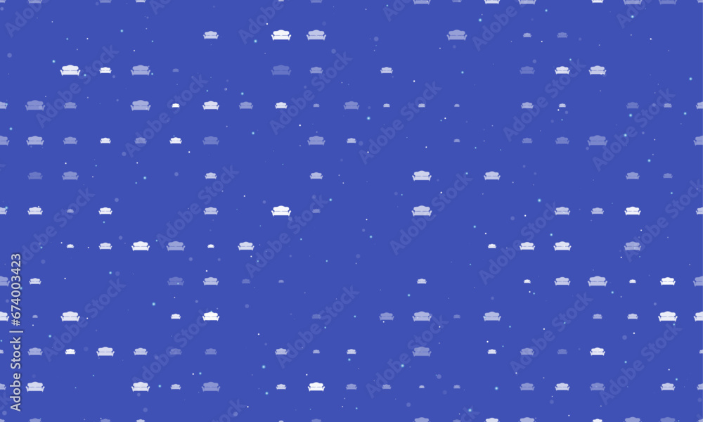 Poster seamless background pattern of evenly spaced white sofa symbols of different sizes and opacity. vect