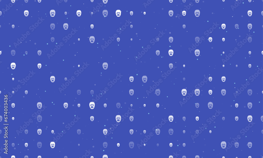 Poster seamless background pattern of evenly spaced white gorilla heads of different sizes and opacity. vec
