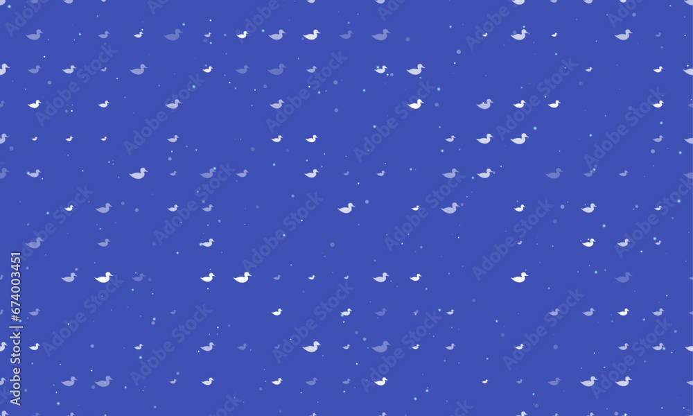 Poster seamless background pattern of evenly spaced white duck symbols of different sizes and opacity. vect