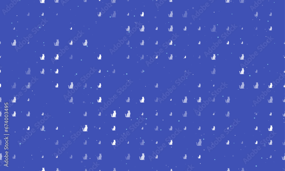 Poster seamless background pattern of evenly spaced white cat icons of different sizes and opacity. vector 