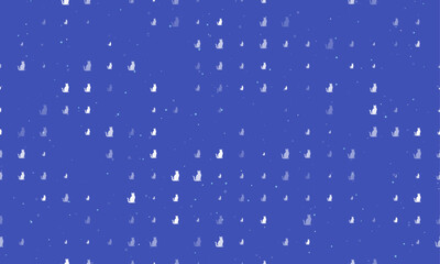 Seamless background pattern of evenly spaced white cat icons of different sizes and opacity. Vector illustration on indigo background with stars