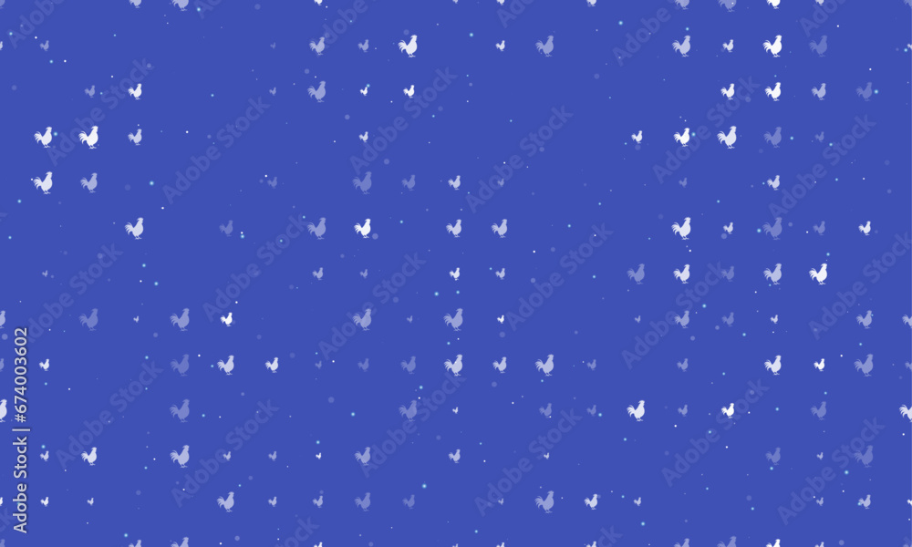 Poster seamless background pattern of evenly spaced white rooster symbols of different sizes and opacity. v