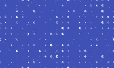 Seamless background pattern of evenly spaced white lion head icons of different sizes and opacity. Vector illustration on indigo background with stars