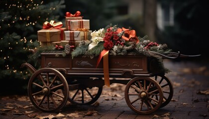 Photo of a Festive Wooden Wagon Laden With Colorful Presents