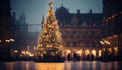 Photo of a Majestic Christmas Tree Lighting Up a Vibrant City Square