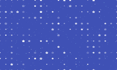 Seamless background pattern of evenly spaced white maple leaf symbols of different sizes and opacity. Vector illustration on indigo background with stars
