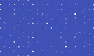 Seamless background pattern of evenly spaced white capital letter D symbols of different sizes and opacity. Vector illustration on indigo background with stars